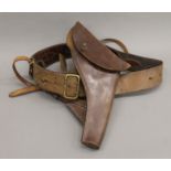A leather gun holster and belt, possibly First World War.