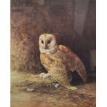 A large gilt framed print of a Bridge Over a River and a print of a Barn Owl,