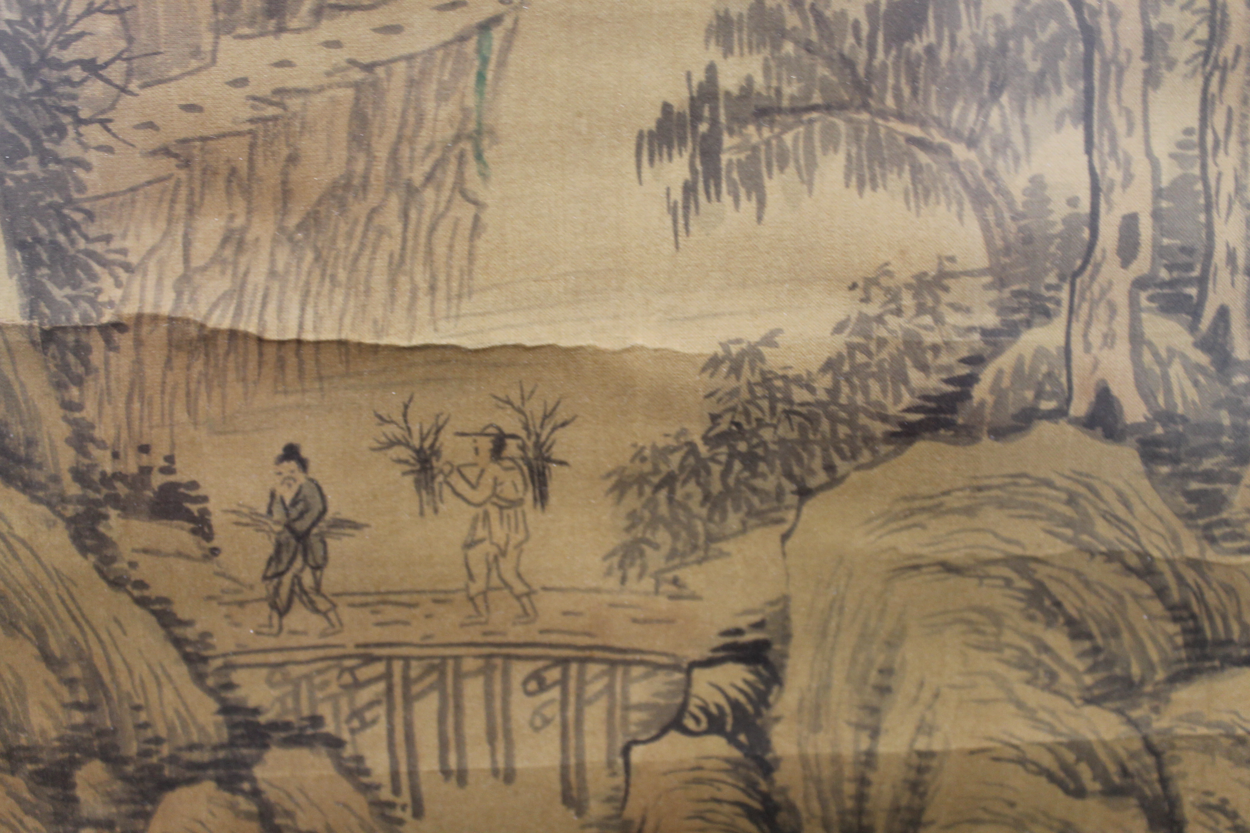 A 19th century Chinese silk scroll depicting Figures in a Mountainous Landscape, framed and glazed. - Image 7 of 9