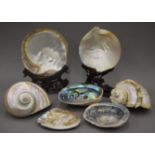 A collection of sea shells and two Chinese carved wooden stands.