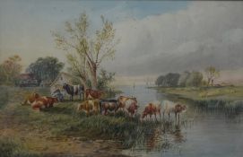 A 19th century watercolour, Cattle and Sheep Beside a River, signed T SIDNEY COOPER R.