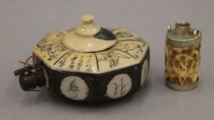 An Oriental bone mounted travelling inkwell and a carved bone snuff bottle. The former 7 cm wide.