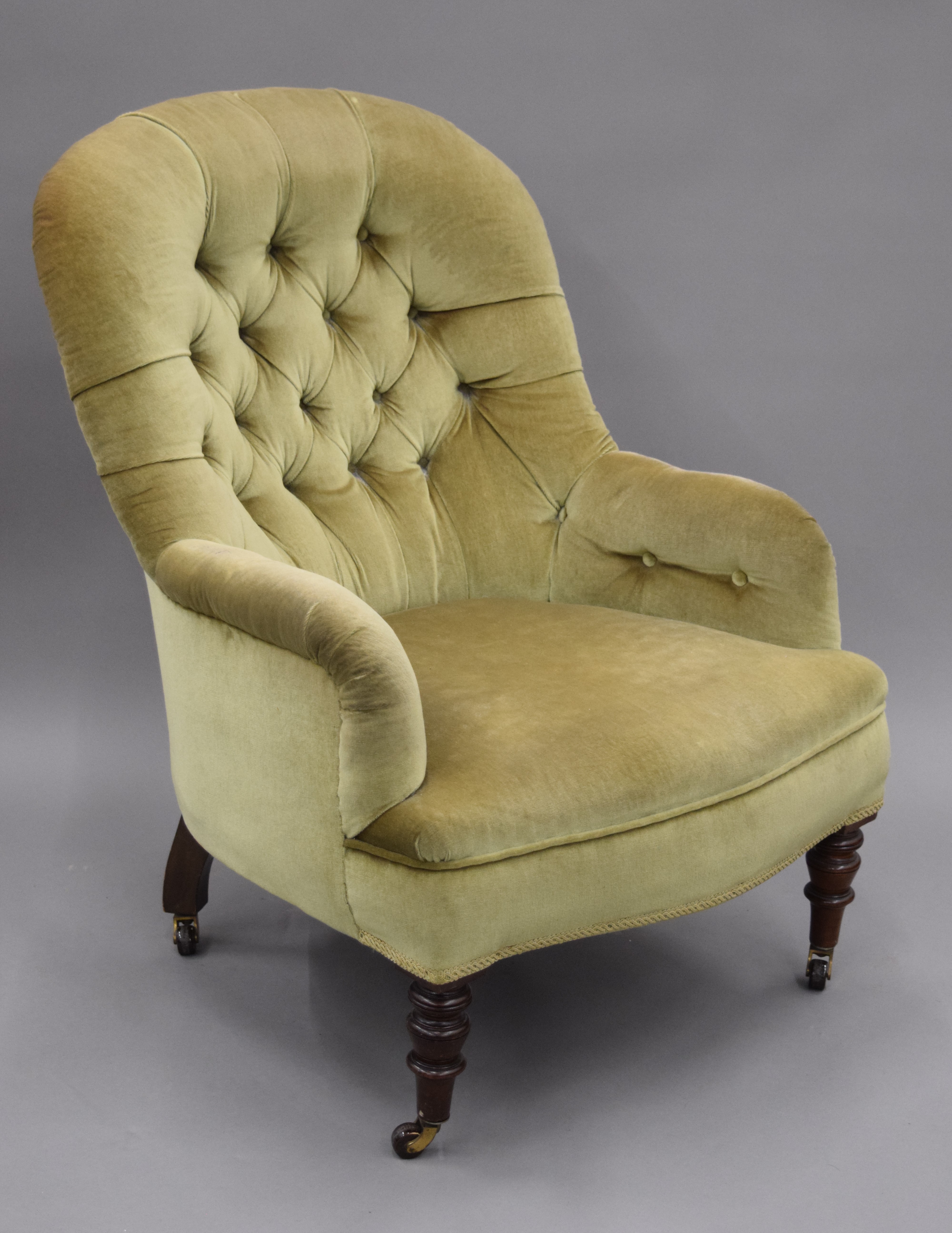 A Victorian upholstered button back arm chair. 65 cm wide. - Image 3 of 7