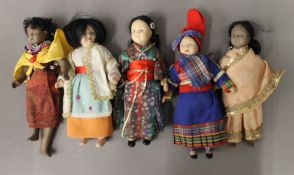 Five china dolls in various dress.