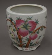 A late 19th century Oriental porcelain jardiniere with peach and blossom decoration. 23.5 cm high.