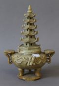 A soapstone censer formed as a pagoda. 23 cm high.