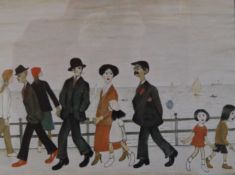 After L S Lowry, On the Promenade, print, framed and glazed. 38 x 28.5 cm.