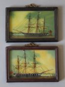 A pair of reverse painted ship pictures, framed. 15 cm wide overall.