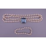 A gold, aquamarine and pearl choker necklace and bracelet. Necklace 37.5 cm long, bracelet 17.