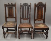 Three 17th/18th century oak high back chairs.