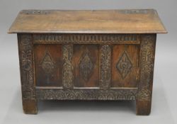 A small 19th century carved oak coffer. 81.5 cm wide, 39,5 cm deep, 50.5 cm high.