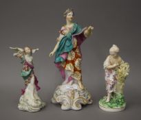 Three 18th century porcelain figures, possibly Derby. The largest 34 cm high.