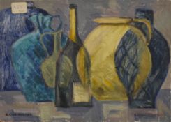 A KING-HARMAN, Still Life of Bottles and Jugs, oil on board, unframed. 35.5 x 25.5 cm.