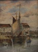 C WOODHUFFE, Sailing Barge, oil on board, framed and a print of dogs. The former 20 x 26.5 cm.