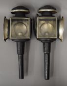 Two Victorian carriage lamps, each with horse shoe shaped lens. 45 cm high.