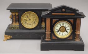 Two Victorian painted wooden mantle clocks. The largest 42 cm wide.