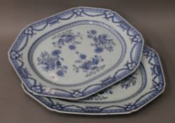 A pair of 18th century Chinese blue and white porcelain platters. 51.5 cm long.