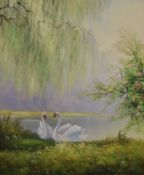 Swans by the Riverside, oil on board, indistinctly signed, framed. 49 x 59.5 cm.