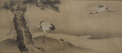 ORIENTAL SCHOOL, Cranes, watercolour, framed and glazed. 63 x 27.5 cm.