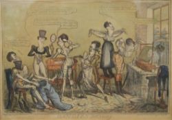 GEORGE CRUICKSHANK (1792-1878) British, Dandies Dressing, coloured etching, framed and glazed. 33.