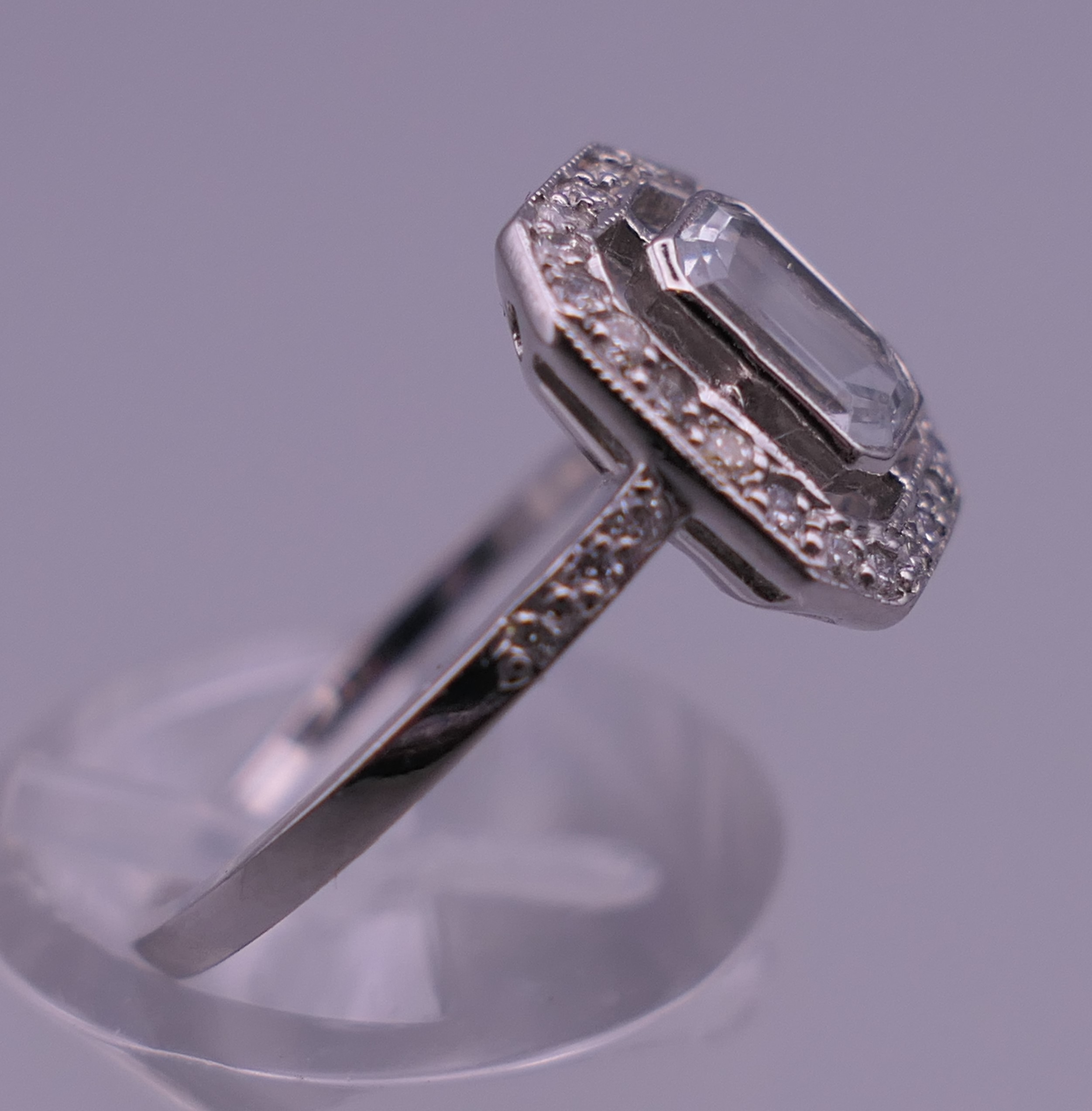 A platinum diamond and aquamarine ring. Ring size M/N. - Image 7 of 8
