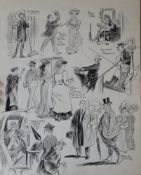 An early 20th century pen and ink cartoon sketches, monogrammed A.S.P, unframed. 31 x 38.5 cm.