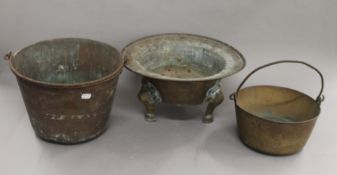 An Oriental brass censer, a jam pan and a bucket. The former 20 cm high.