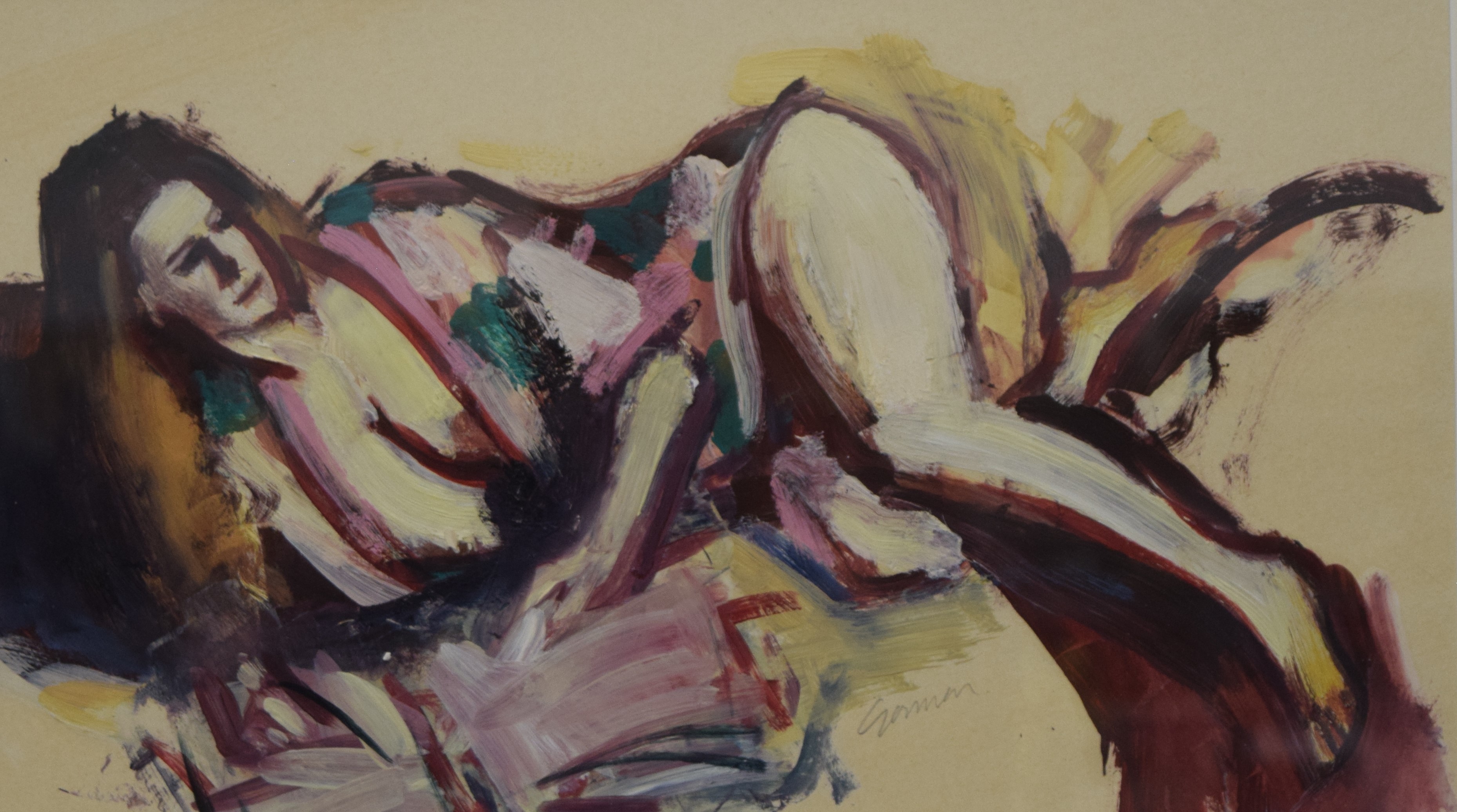 DES GORMAN (Scottish), Reclining Nude, oil, signed, framed and glazed. 43 x 24.5 cm.