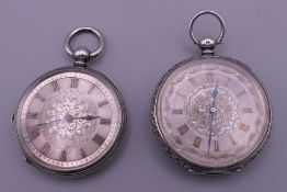 Two silver cased ladies pocket watches. 4.5 cm and 4 cm diameter respectively.