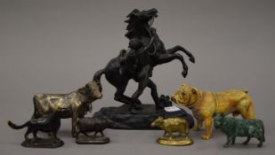 A quantity of various metal animals, including a spelter Marley horse. The latter 18 cm high.