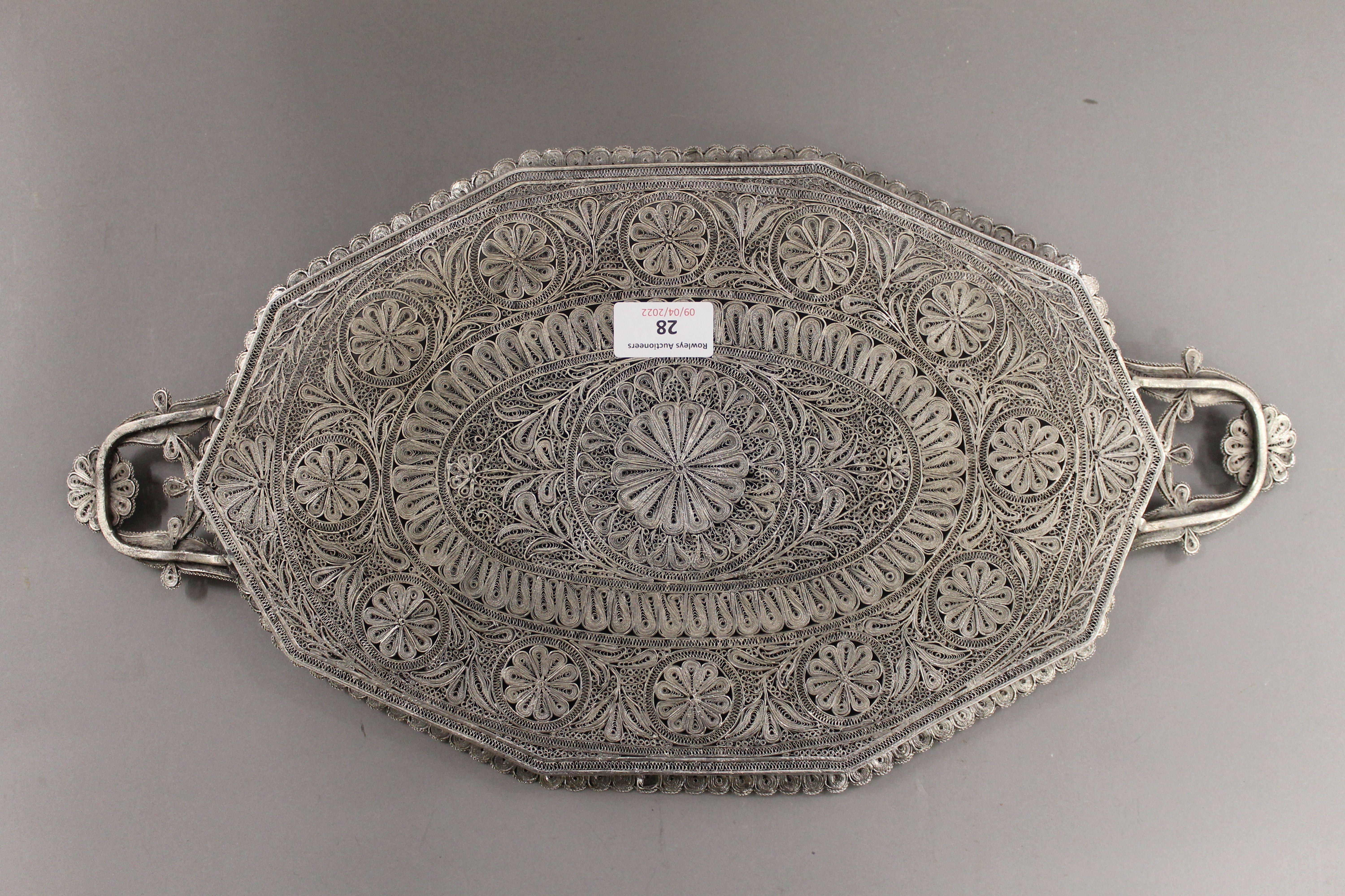 An unmarked Continental silver filigree twin handled tray, possibly Maltese. 51 cm wide. - Image 4 of 5