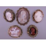 Five Victorian cameo brooches. The largest 6.5 cm high.