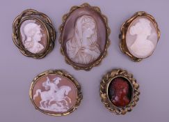 Five Victorian cameo brooches. The largest 6.5 cm high.