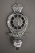 A vintage enamel decorated Royal Automobile Club car mascot. 16 cm high.