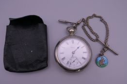 An Elgin (USA) pocket watch with Albert chain, silver fob and key, in leather pouch. Watch 5.