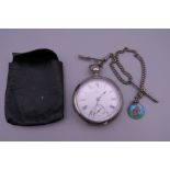 An Elgin (USA) pocket watch with Albert chain, silver fob and key, in leather pouch. Watch 5.