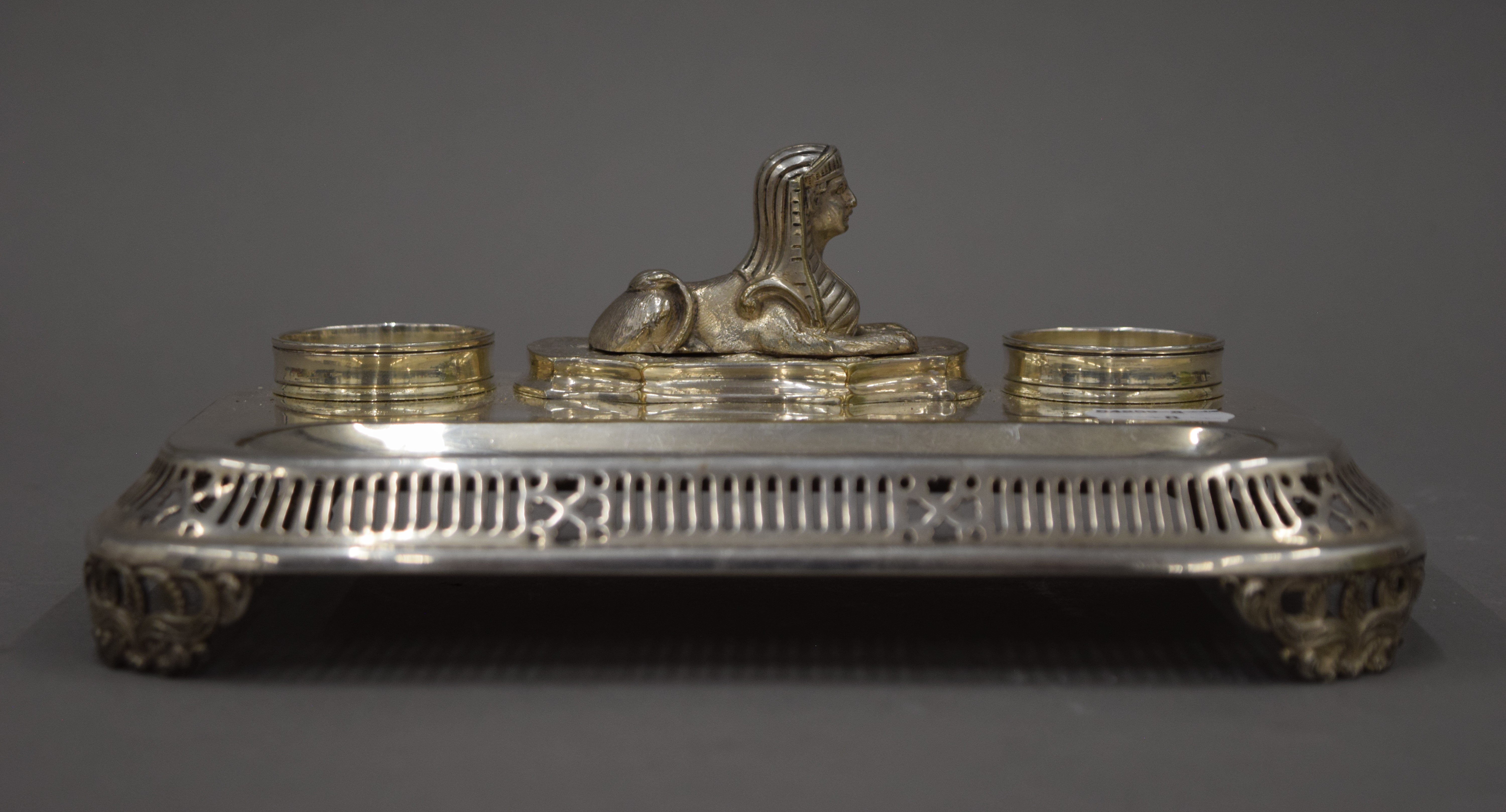 A silver plated desk stand surmounted with a sphinx. 21.5 cm wide. - Image 2 of 7