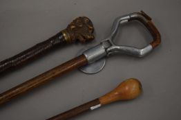 A dogs head walking stick, a shooting stick and another walking stick.