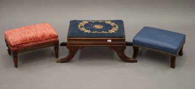 Three various footstools. The largest 56 cm long, red top stool 32.5 cm long, blue top 31.5 cm long.