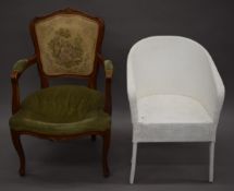 A French open arm chair and a Lloyd Loom type chair. The former 60 cm wide.