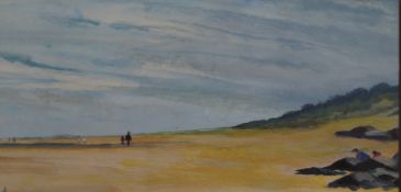 Walking on the Coast, watercolour, initialled J.C, framed and glazed. 29.5 x 14.5 cm.
