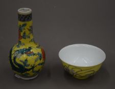 A 19th century Chinese porcelain yellow ground bottle vase,