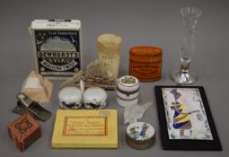 A quantity of miscellaneous items, including a horn beaker, a silver mounted posy vase, tins, etc.
