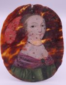 An 18th/19th century painted portrait miniature on tortoiseshell of a young lady with a feather in