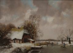 STEPHEN DE HAAN (Dutch), Winter Skating Scene, oil on board, framed. 38.5 x 28.5 cm.