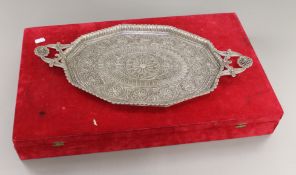 An unmarked Continental silver filigree twin handled tray, possibly Maltese. 51 cm wide.