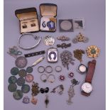 A quantity of miscellaneous jewellery, watches, coins, etc.