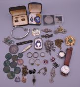 A quantity of miscellaneous jewellery, watches, coins, etc.