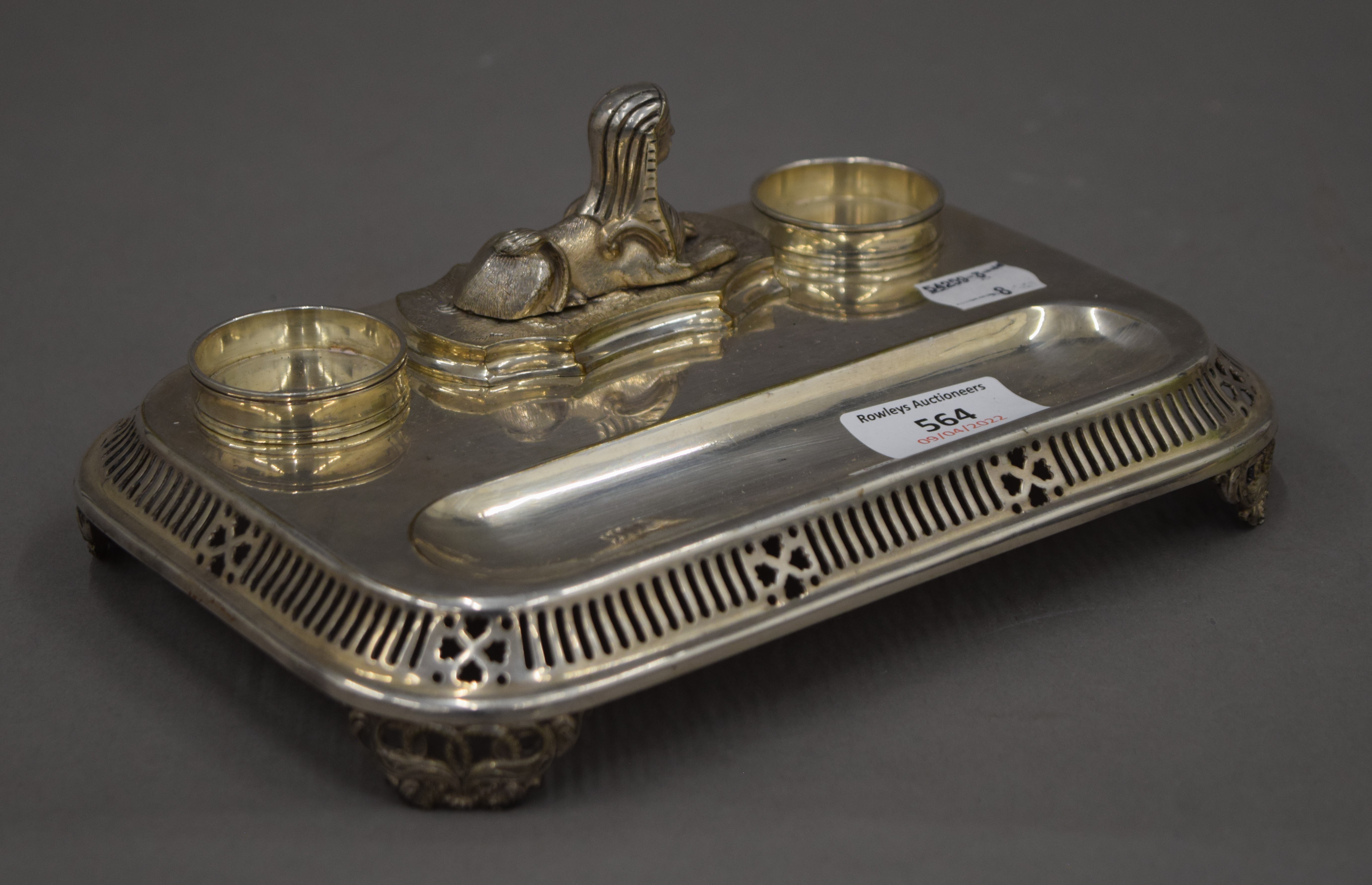 A silver plated desk stand surmounted with a sphinx. 21.5 cm wide. - Image 3 of 7