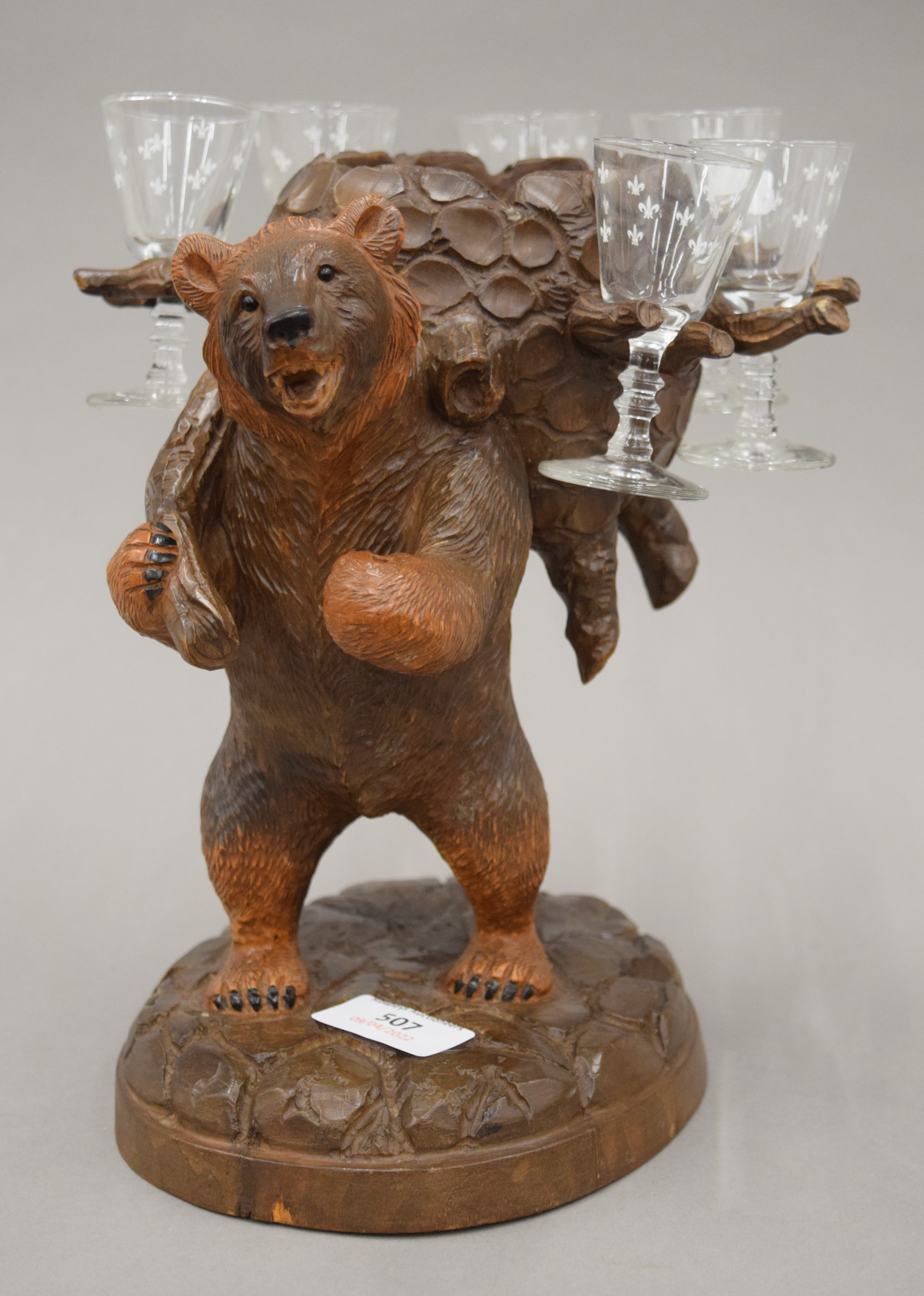 A Blackforest carved wooden liqueur set stand formed as a bear, - Image 8 of 13